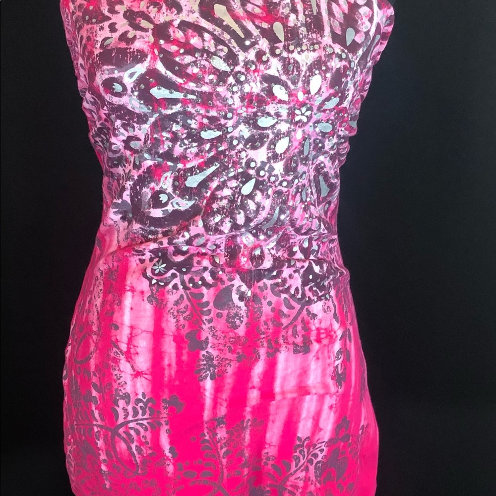 DOLLED UP Hot Pink Print Sequin Strapless Top SZ M - Picture 3 of 9